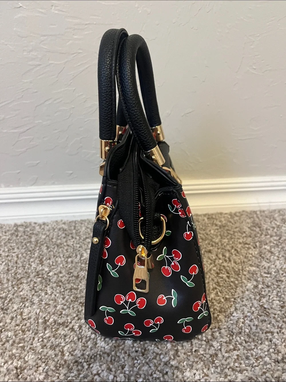 Black Cherry Print Satchel Handbag